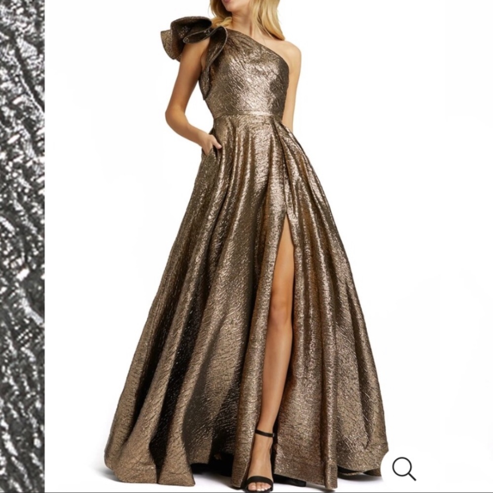 Mac Duggal Dress One Shoulder Gold Metallic Gown